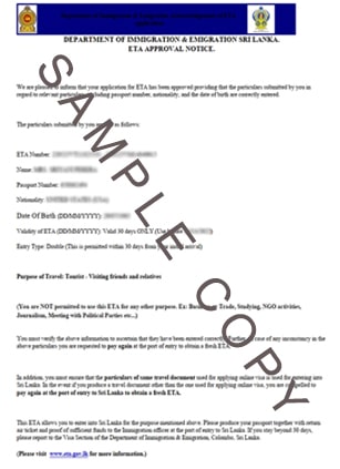 Sri Lanka eVisa Sample