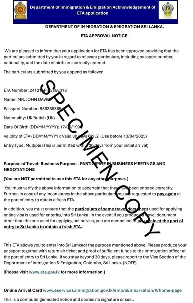 Sri Lanka Business Visa Sample Format