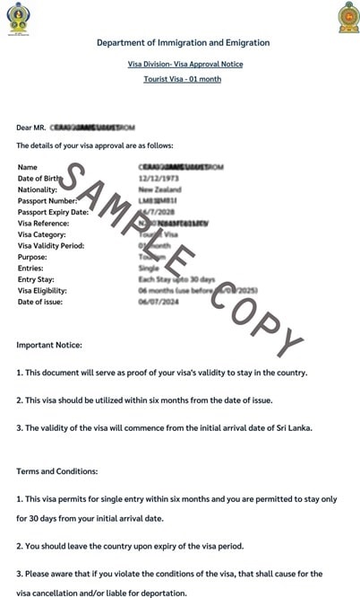 Sample Sri Lanka Visa ETA